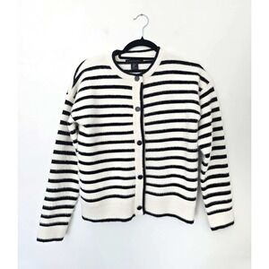 Tahari Cardigan Sweater Women XS White Black Striped Eyelash Knit
